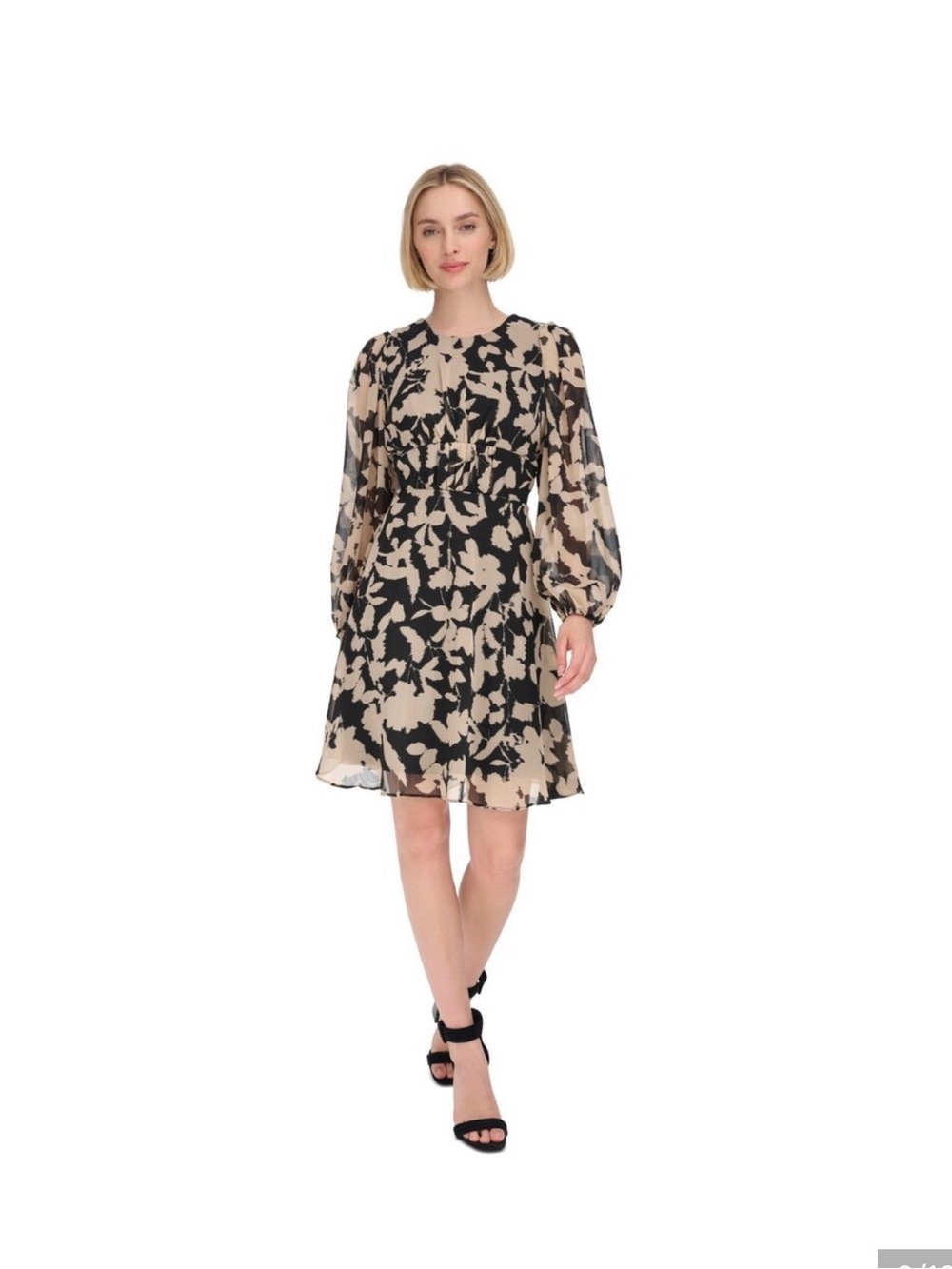 Calvin Klein Women’s’ Dress 16 Black Floral Chiffon Balloon Sleeve A Line